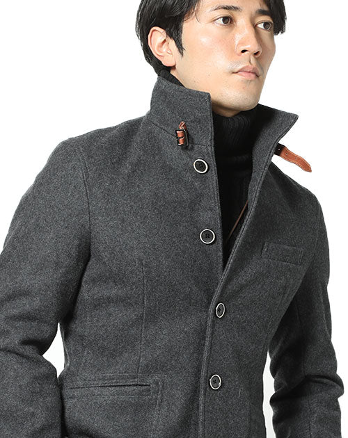 日本製レザーベルト付きショート丈メルトンイタリアンスタンドコート Biz