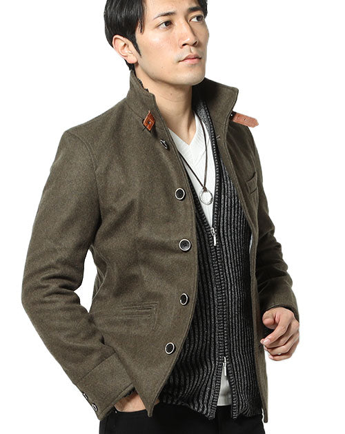 日本製レザーベルト付きショート丈メルトンイタリアンスタンドコート Biz