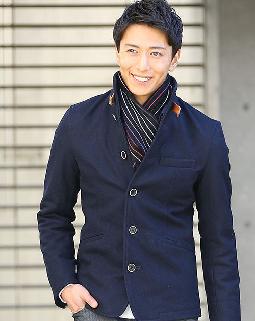 日本製レザーベルト付きショート丈メルトンイタリアンスタンドコート Biz