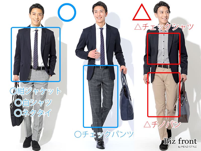 パーティースペースや軽食レストランでの服装｜ジャケパン・ビジネスカジュアル結婚式二次会のコーデ例