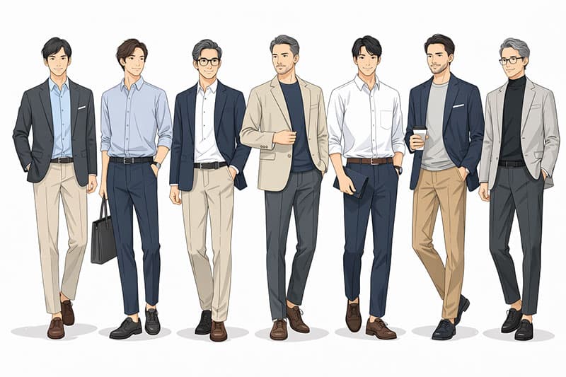様々なオフィスカジュアルコーデが載っているイラスト