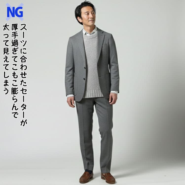 スーツに合わせたセーターが厚手過ぎてこもこ膨らんで太って見えてしまう例