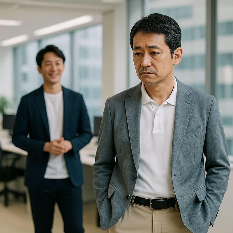 若手とのオフィスカジュアルとの違いに悩む50代男性のオフィスカジュアル姿