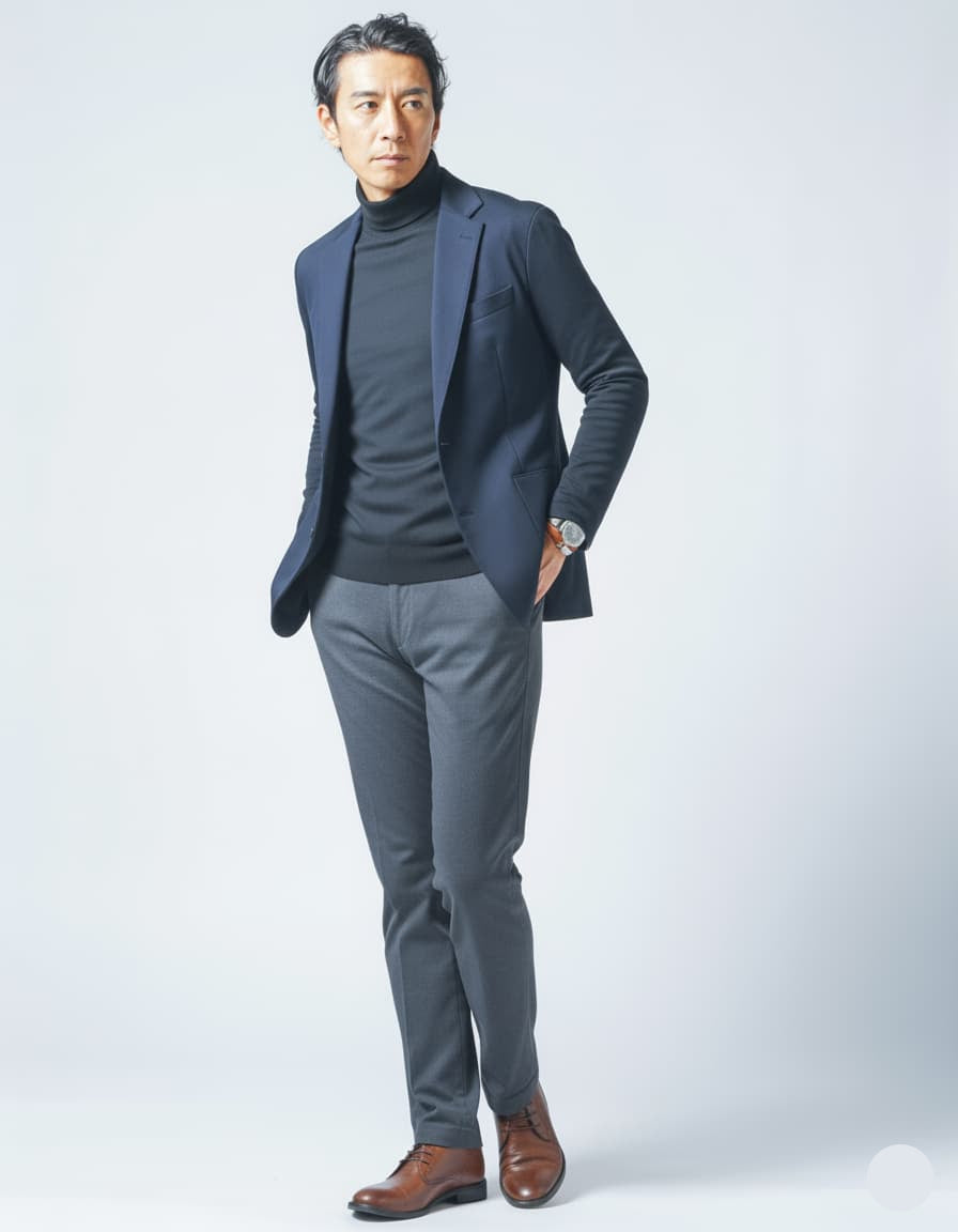 裏起毛素材無地・ボーダー長袖タートルネックTシャツ Biz