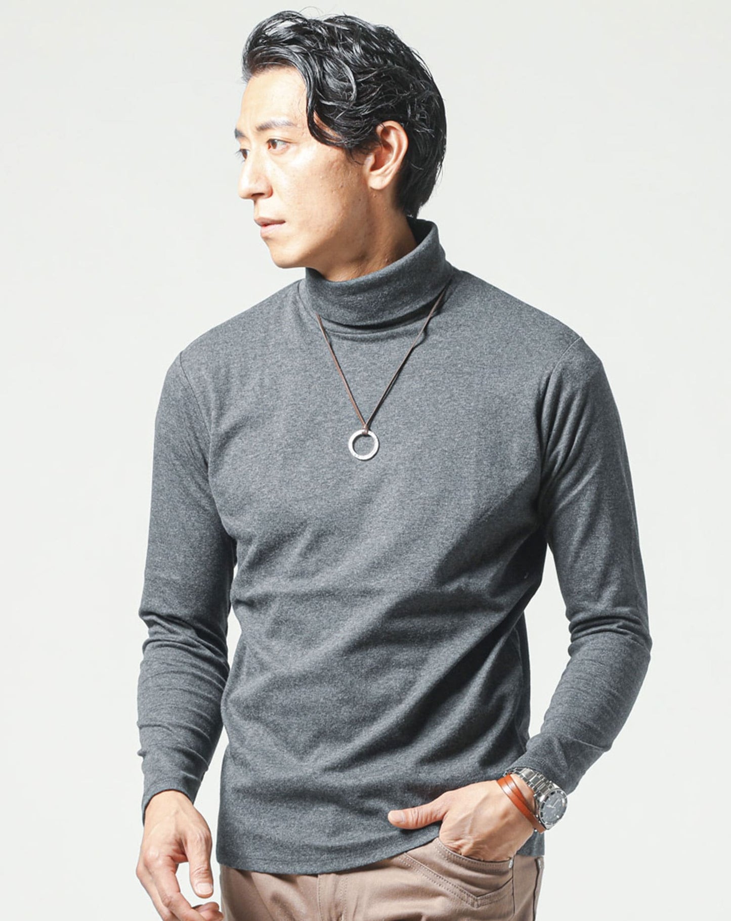 裏起毛素材無地・ボーダー長袖タートルネックTシャツ Biz