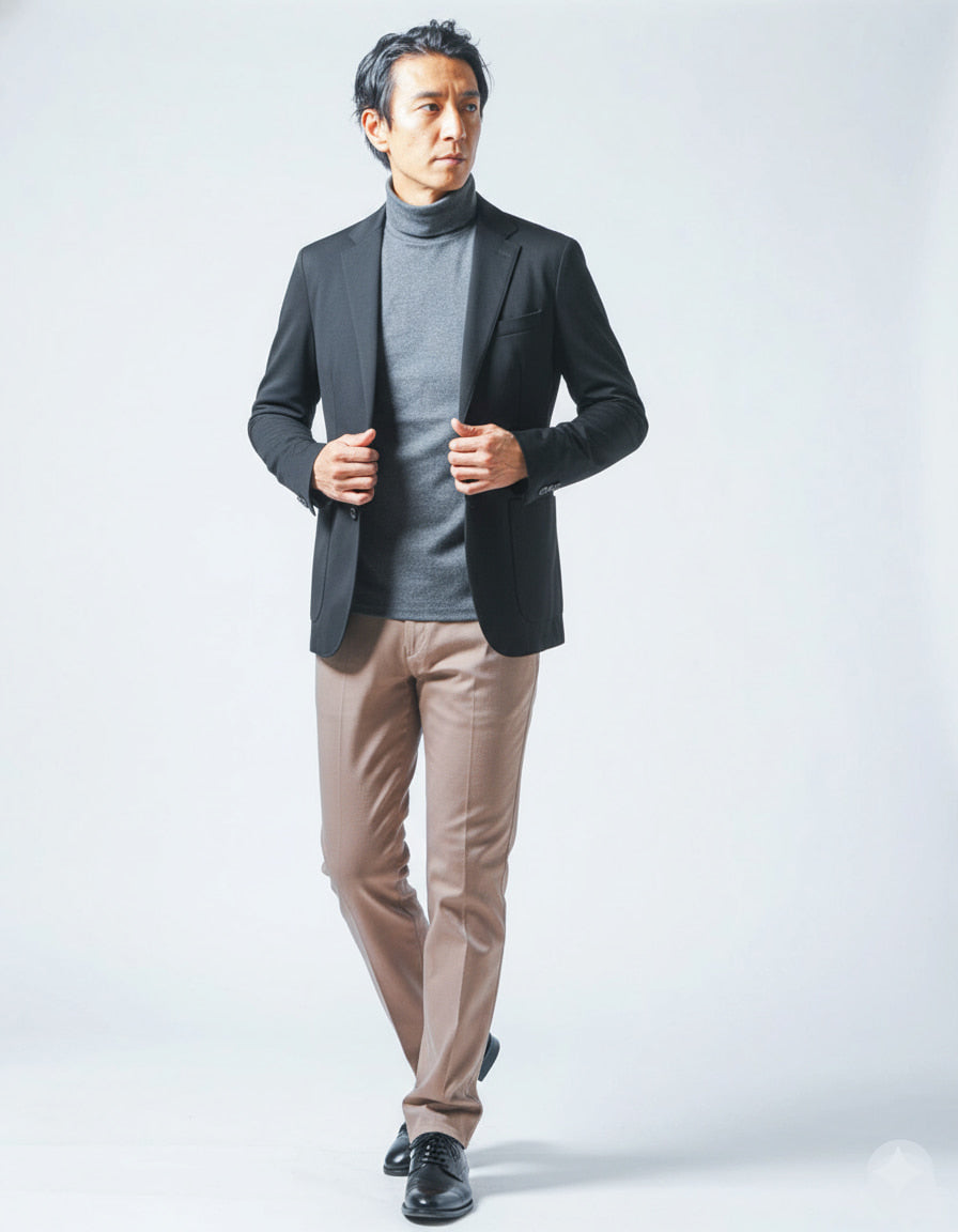 裏起毛素材無地・ボーダー長袖タートルネックTシャツ Biz