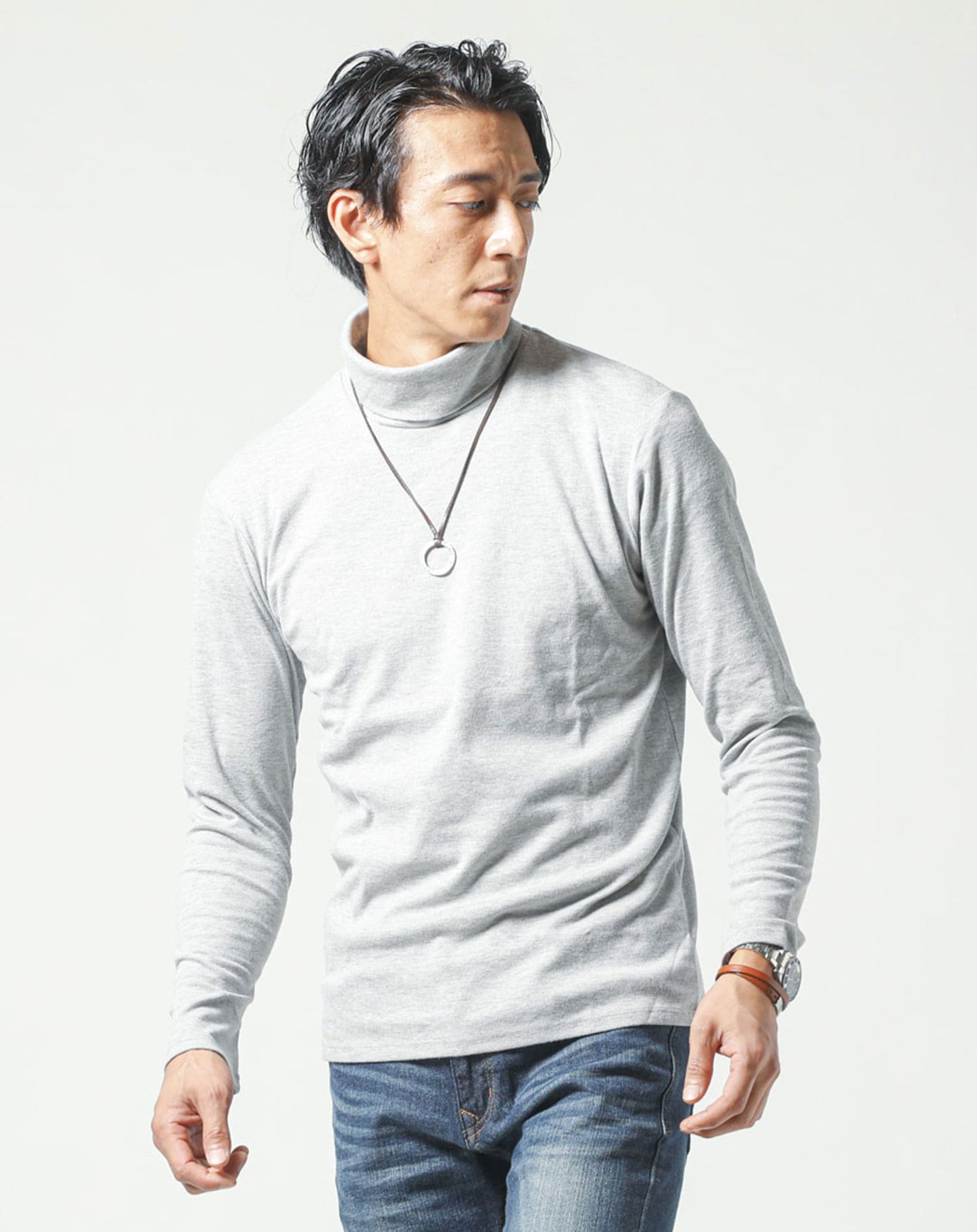 裏起毛素材無地・ボーダー長袖タートルネックTシャツ Biz