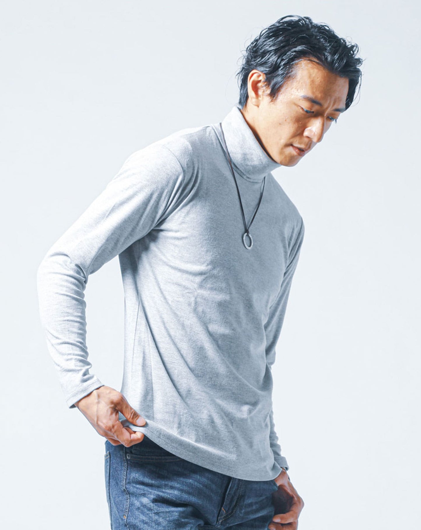 裏起毛素材無地・ボーダー長袖タートルネックTシャツ Biz