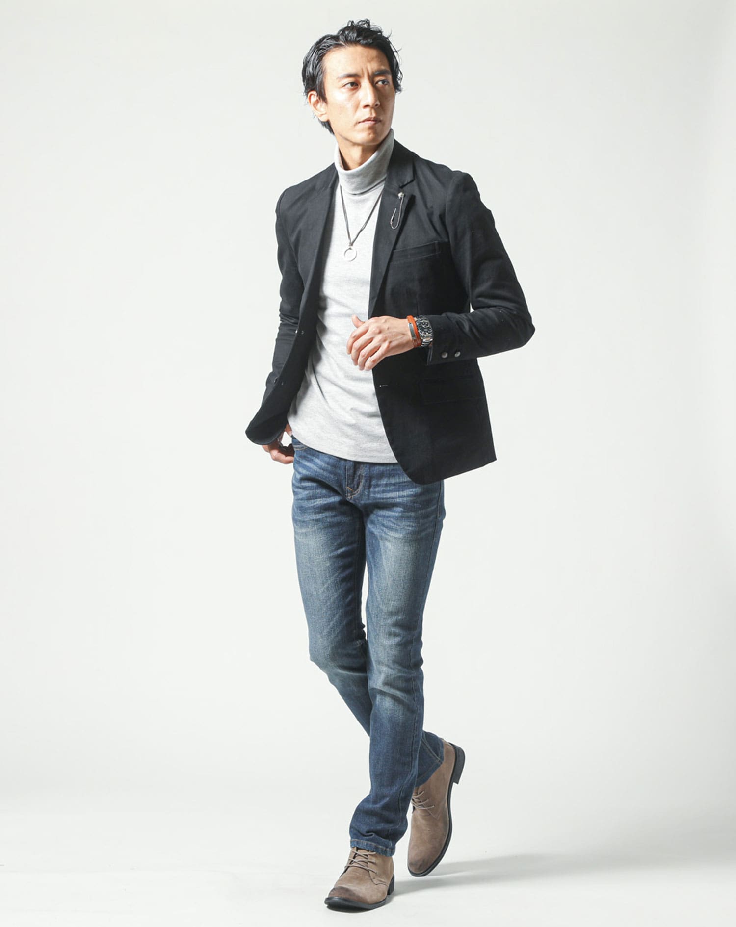 裏起毛素材無地・ボーダー長袖タートルネックTシャツ Biz