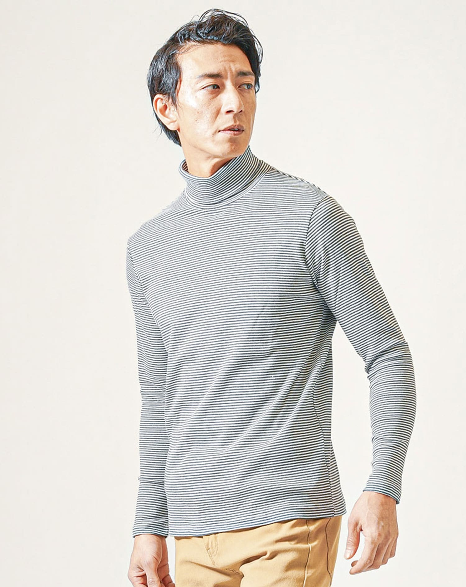 裏起毛素材無地・ボーダー長袖タートルネックTシャツ Biz