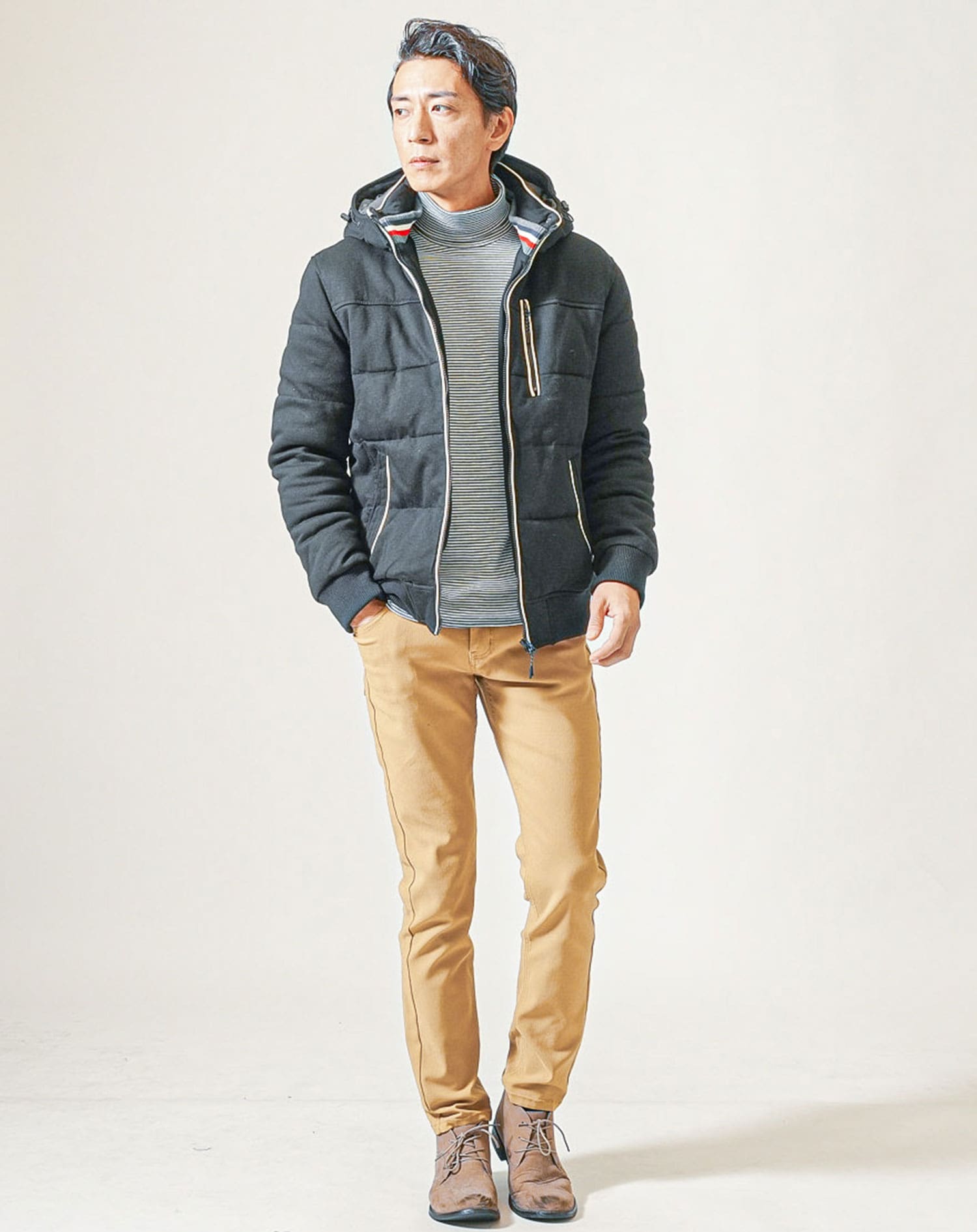 裏起毛素材無地・ボーダー長袖タートルネックTシャツ Biz