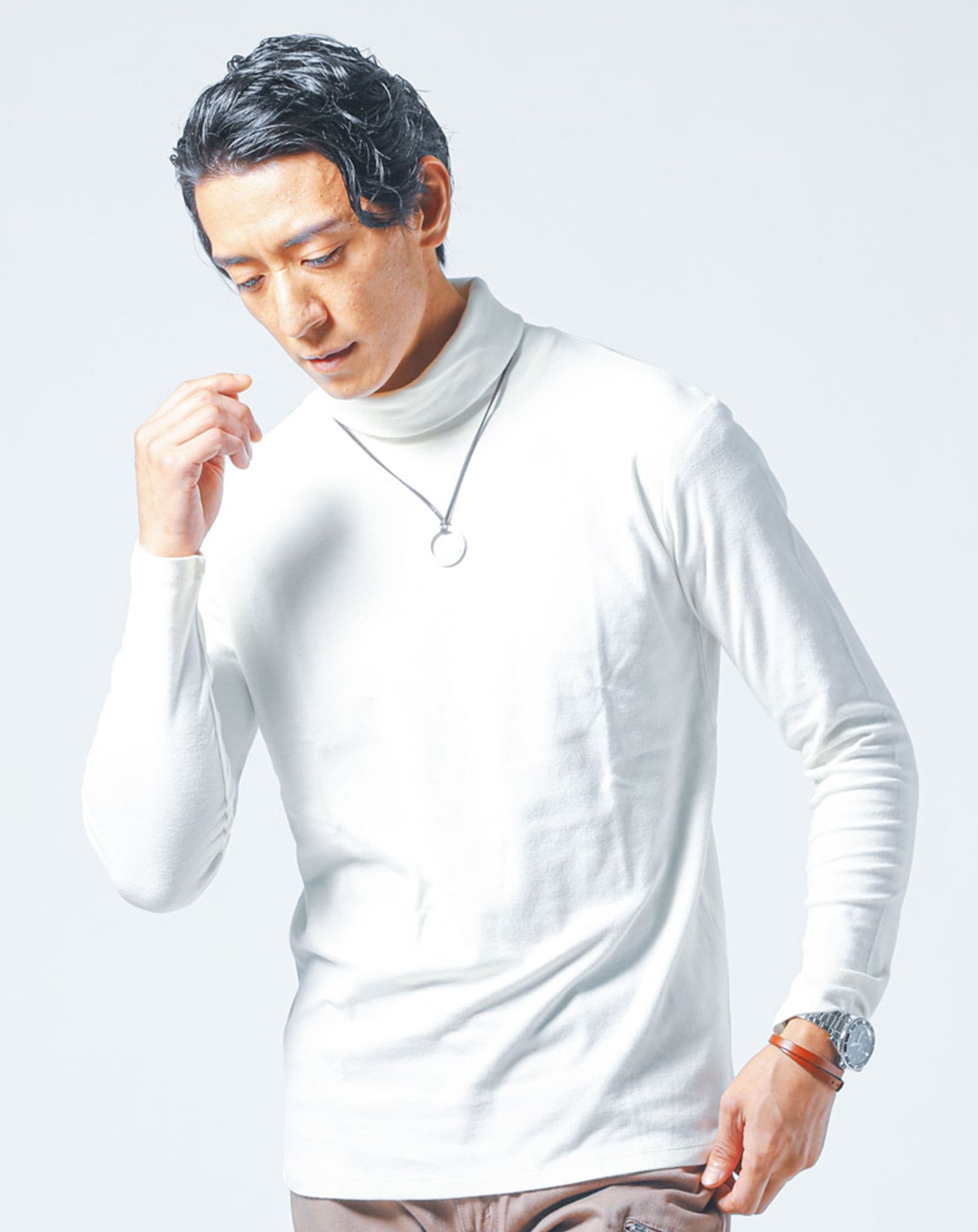 裏起毛素材無地・ボーダー長袖タートルネックTシャツ Biz