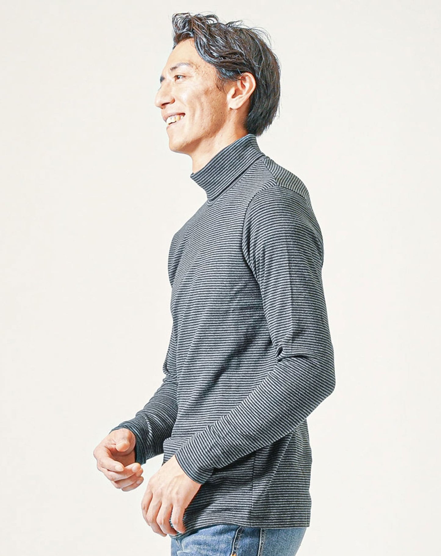 裏起毛素材無地・ボーダー長袖タートルネックTシャツ Biz