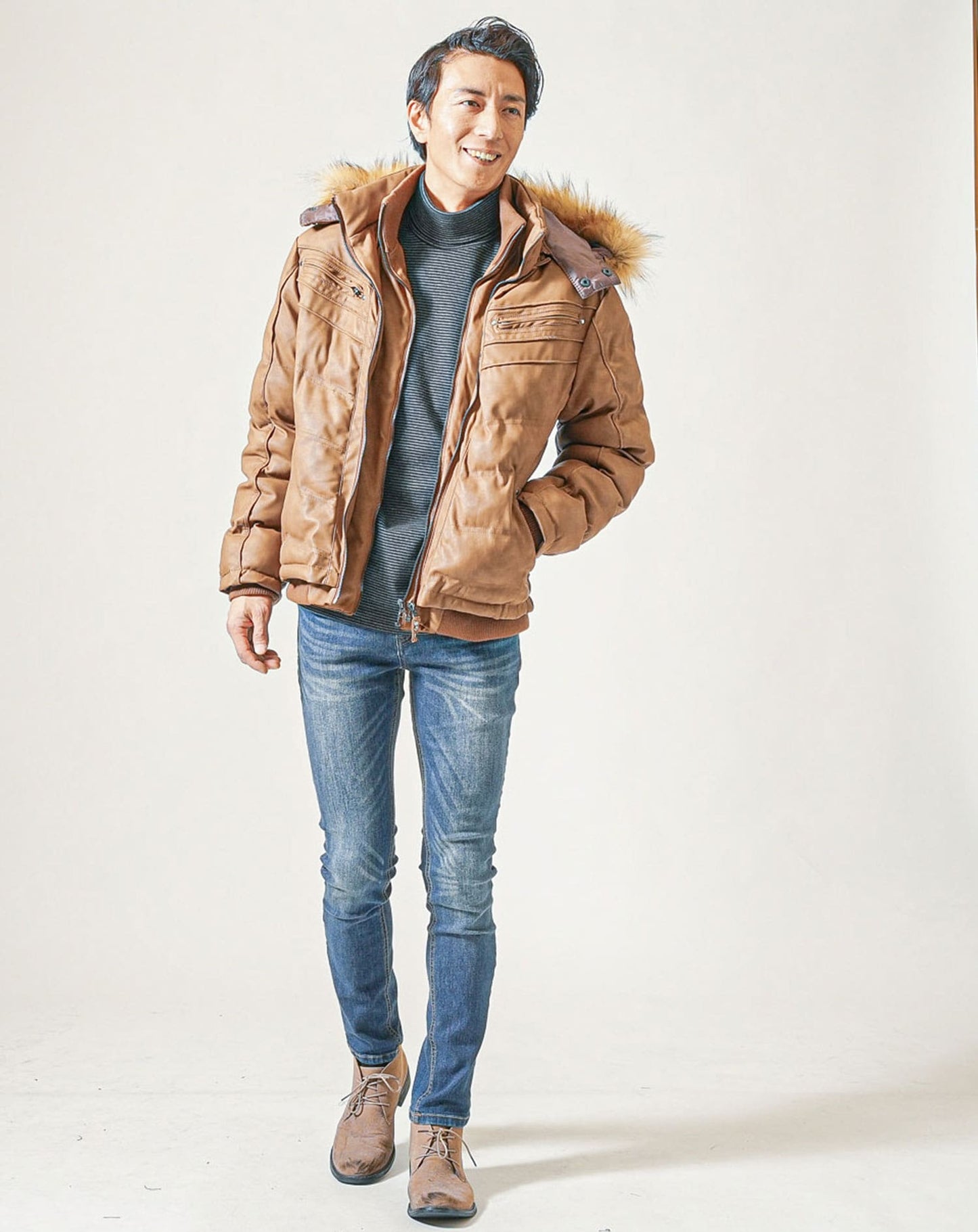 裏起毛素材無地・ボーダー長袖タートルネックTシャツ Biz