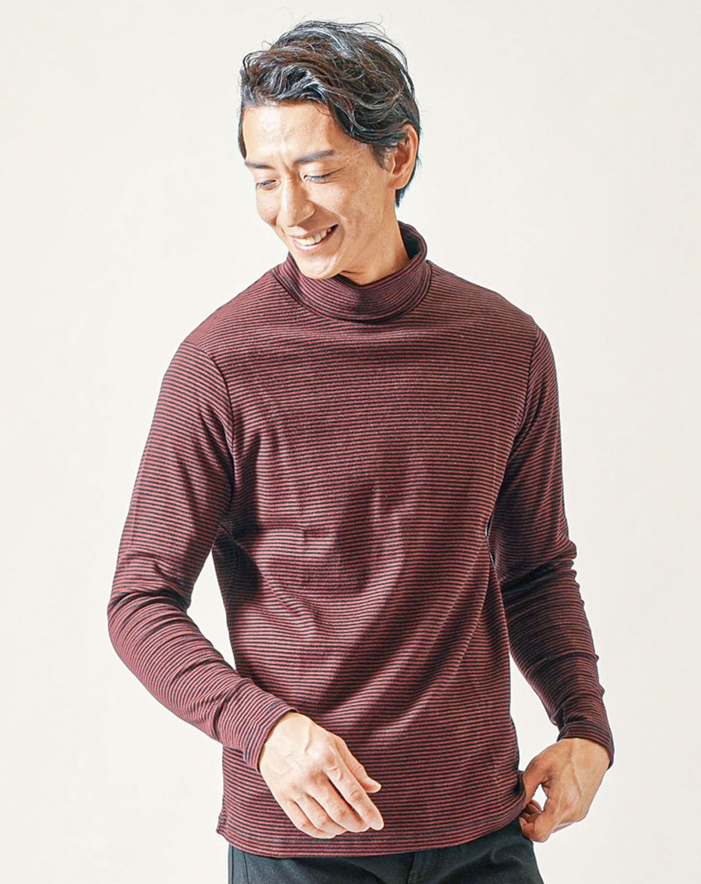 裏起毛素材無地・ボーダー長袖タートルネックTシャツ Biz