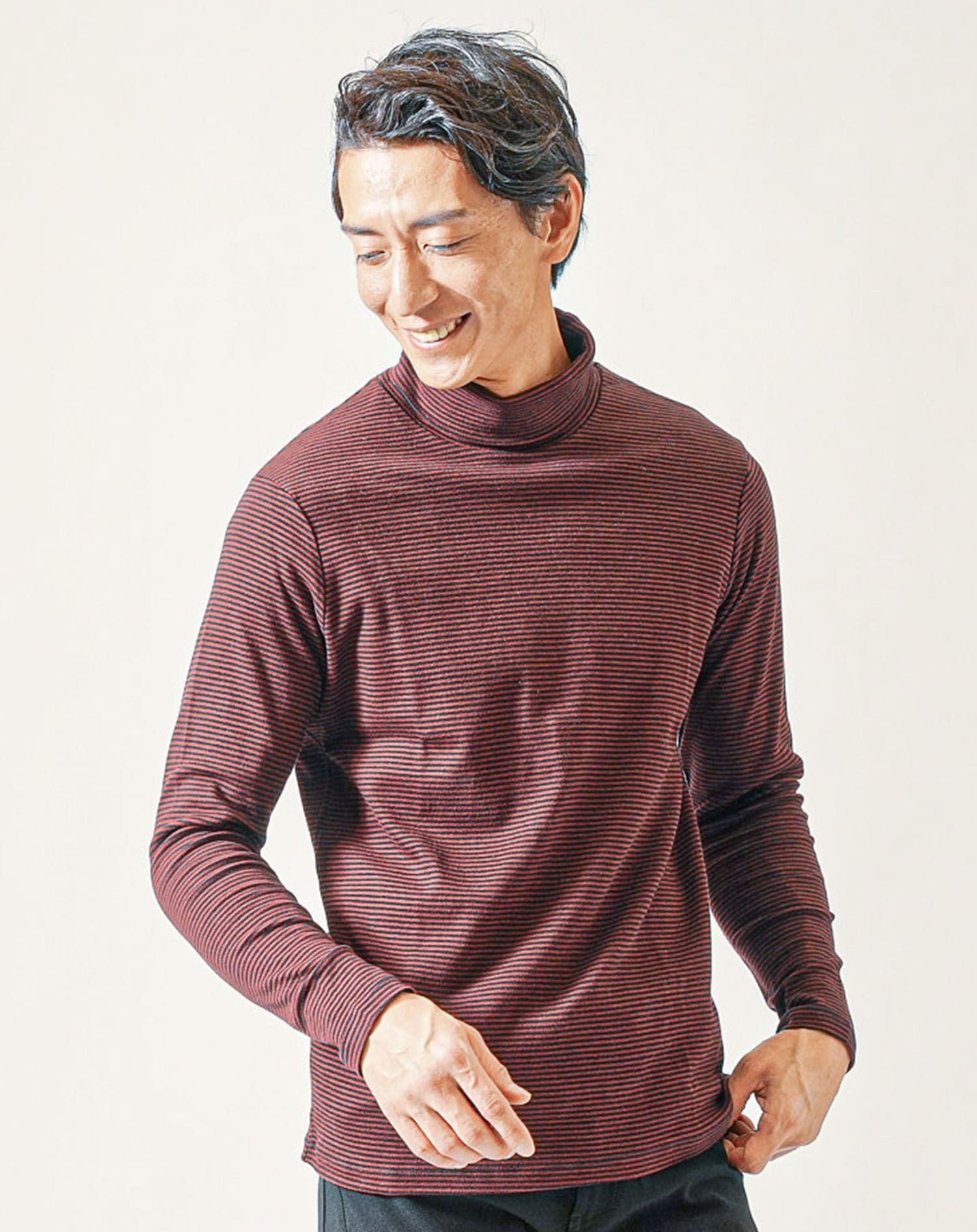 裏起毛素材無地・ボーダー長袖タートルネックTシャツ Biz