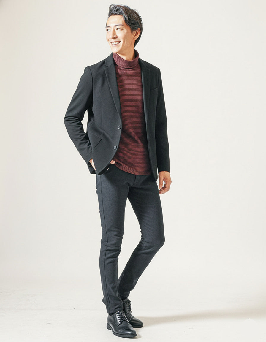 裏起毛素材無地・ボーダー長袖タートルネックTシャツ Biz