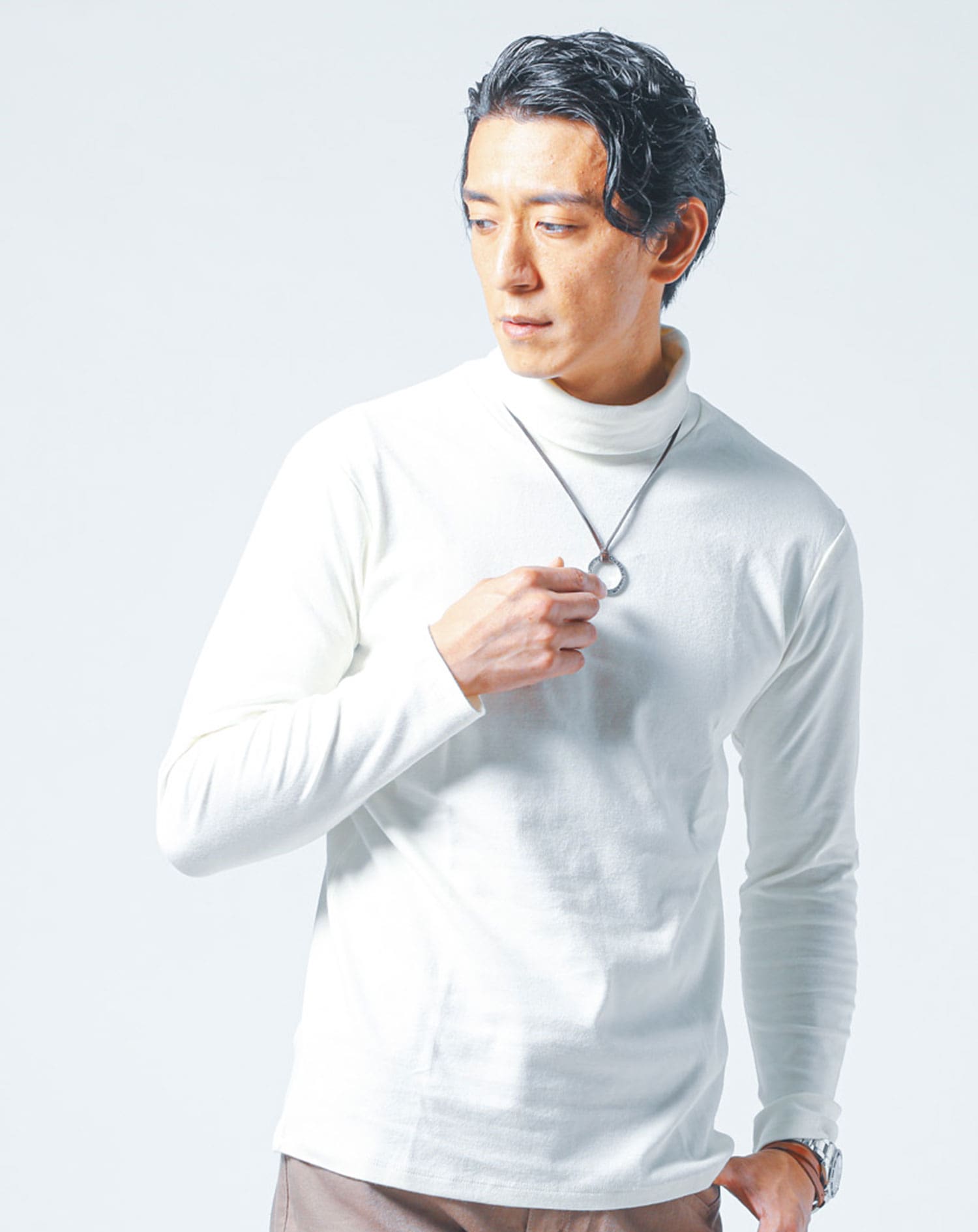 裏起毛素材無地・ボーダー長袖タートルネックTシャツ Biz