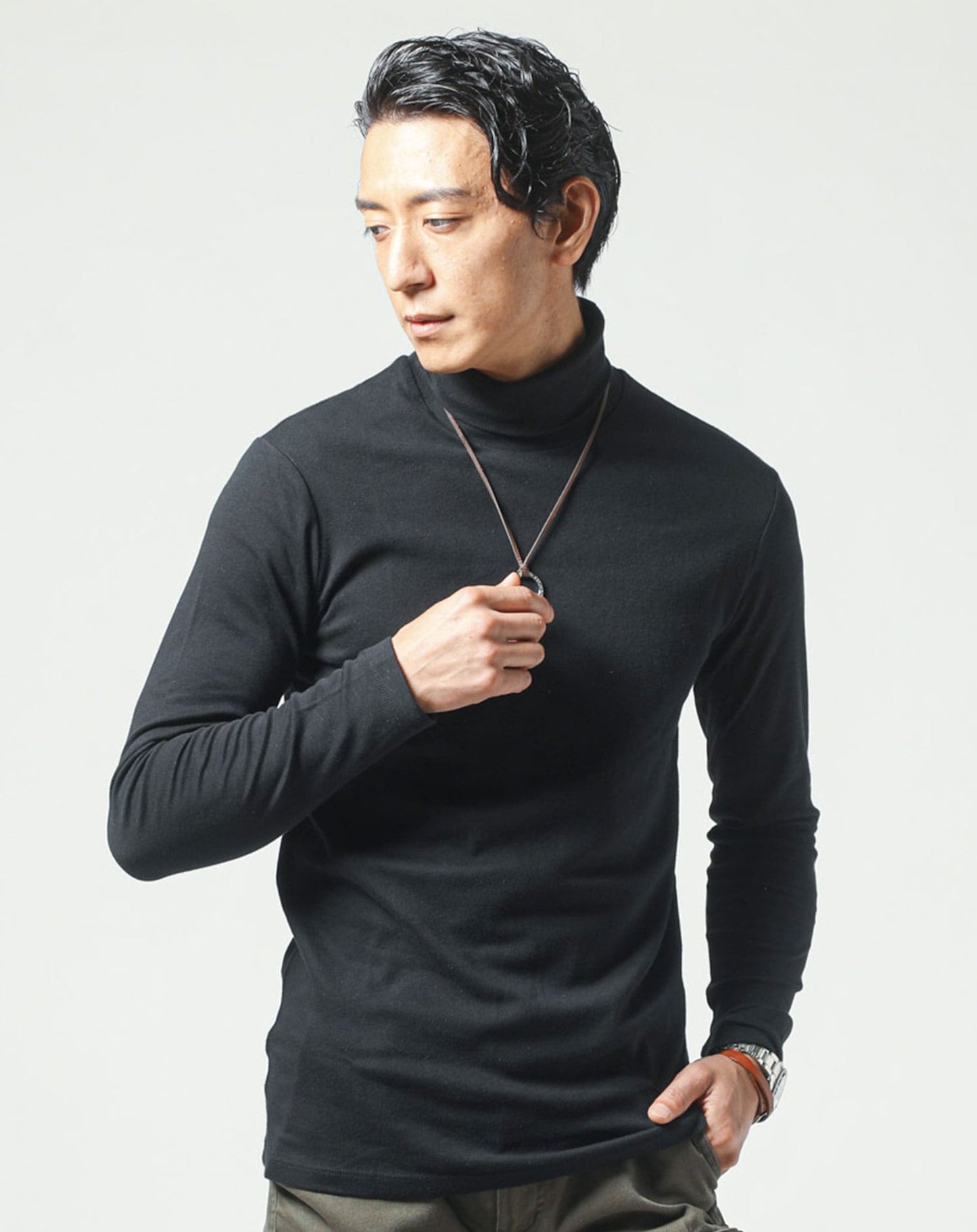 裏起毛素材無地・ボーダー長袖タートルネックTシャツ Biz