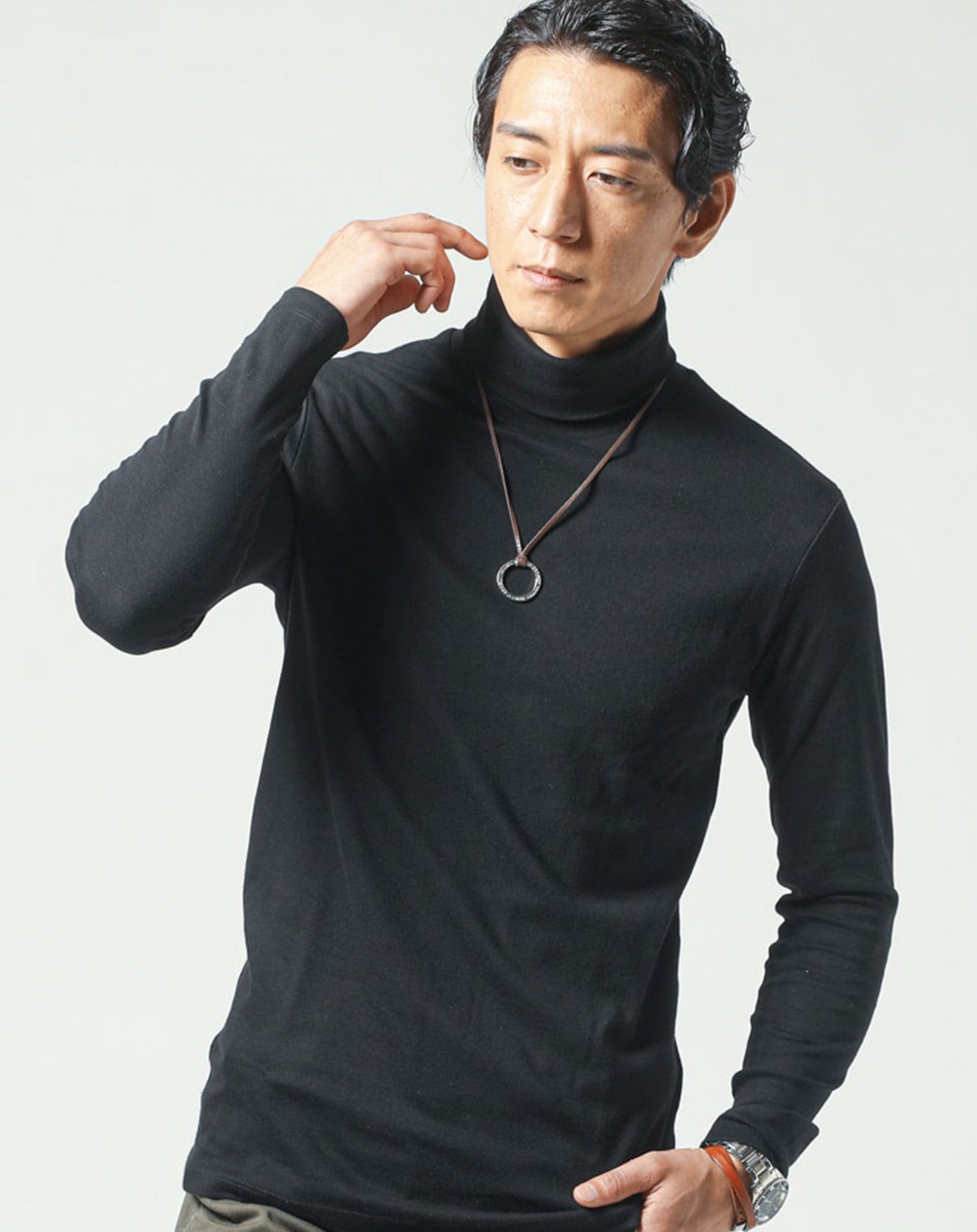 裏起毛素材無地・ボーダー長袖タートルネックTシャツ Biz