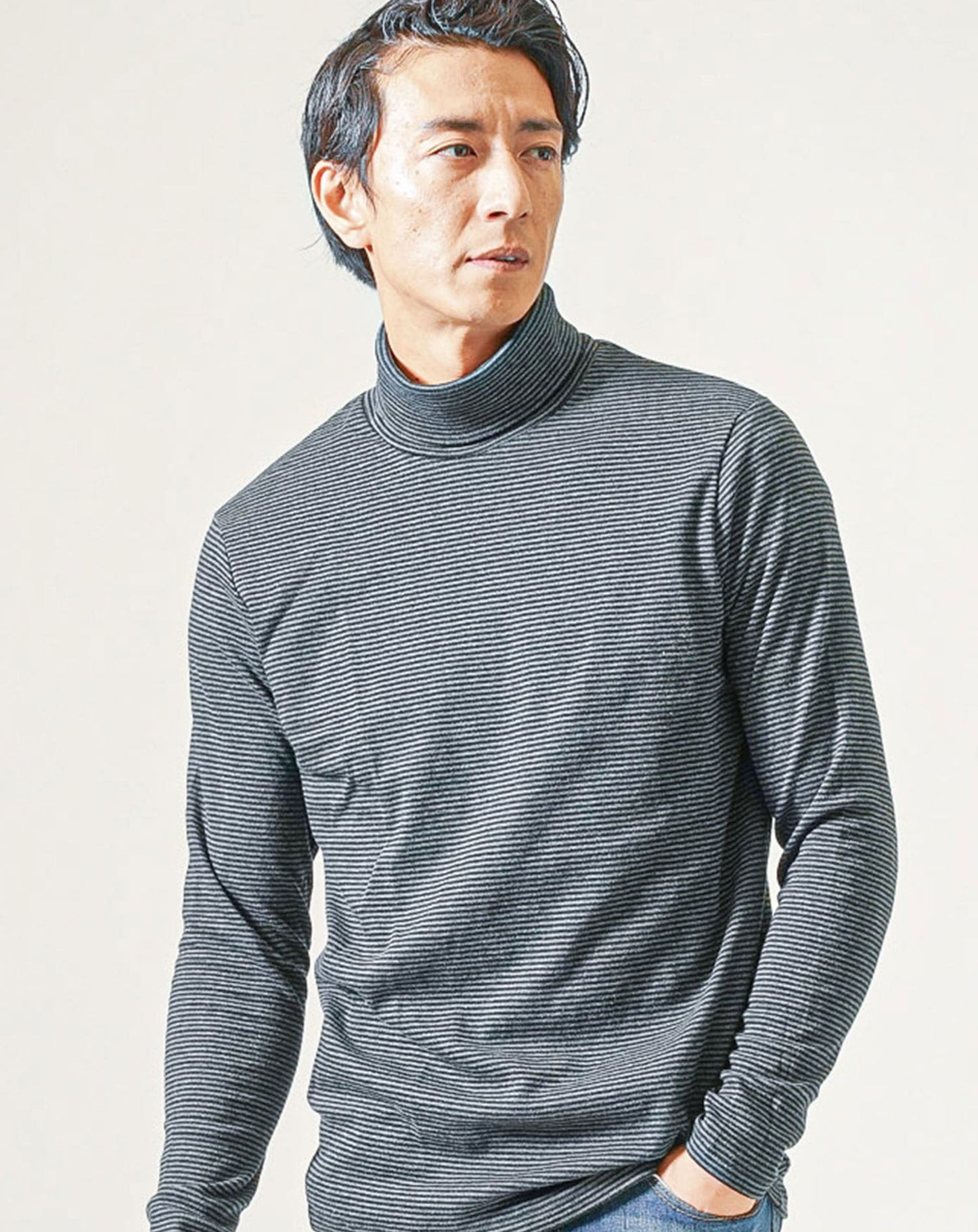 裏起毛素材無地・ボーダー長袖タートルネックTシャツ Biz