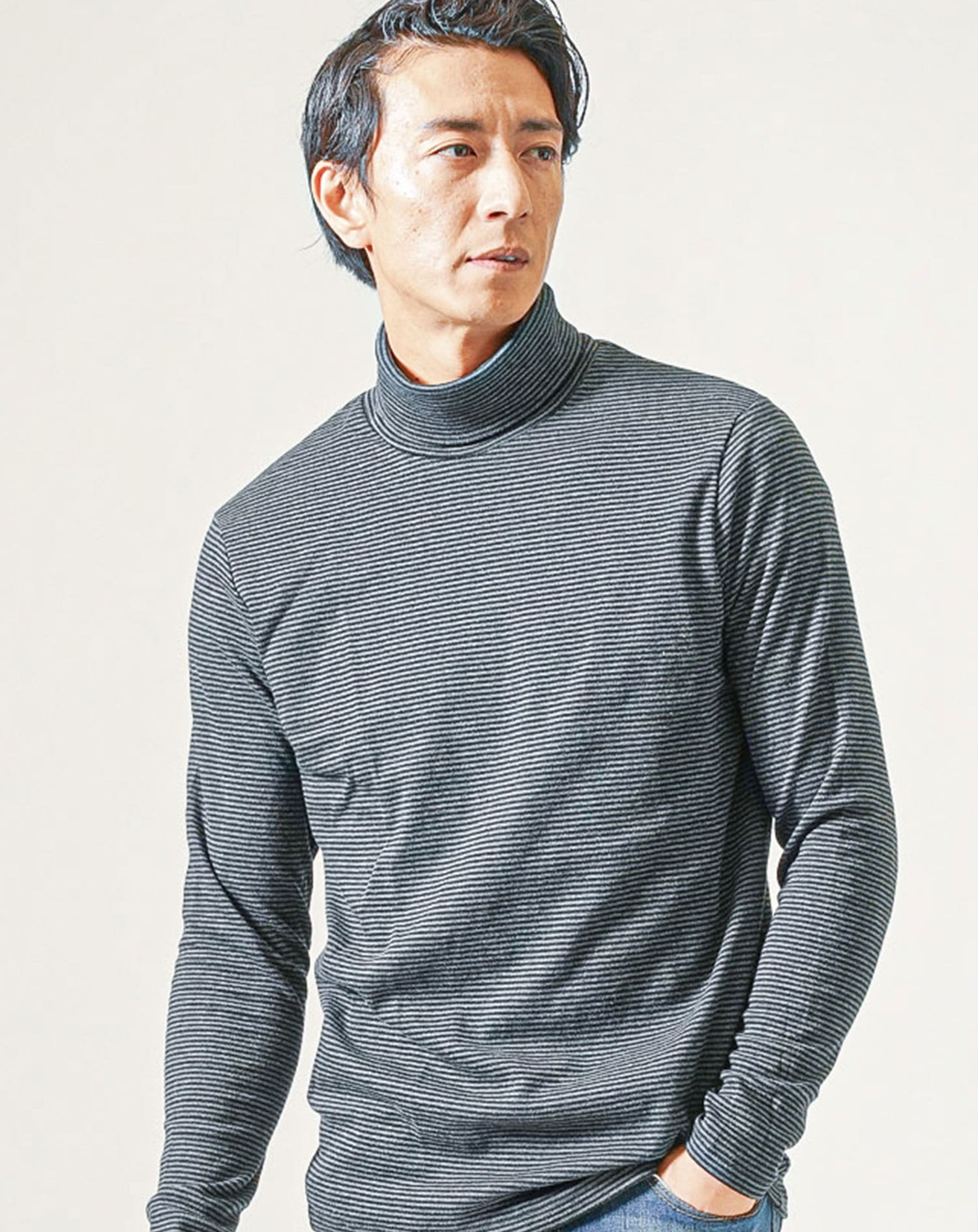 裏起毛素材無地・ボーダー長袖タートルネックTシャツ Biz