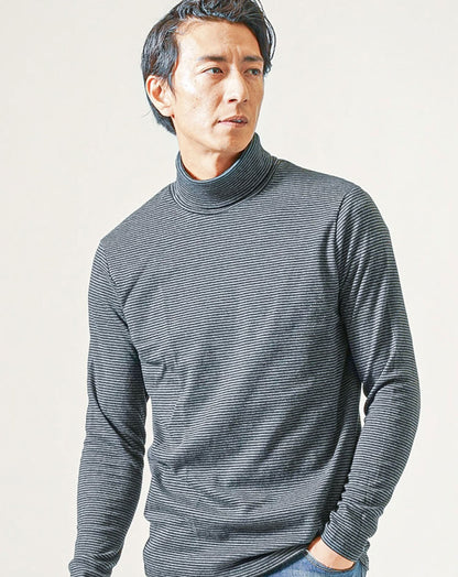 裏起毛素材無地・ボーダー長袖タートルネックTシャツ Biz
