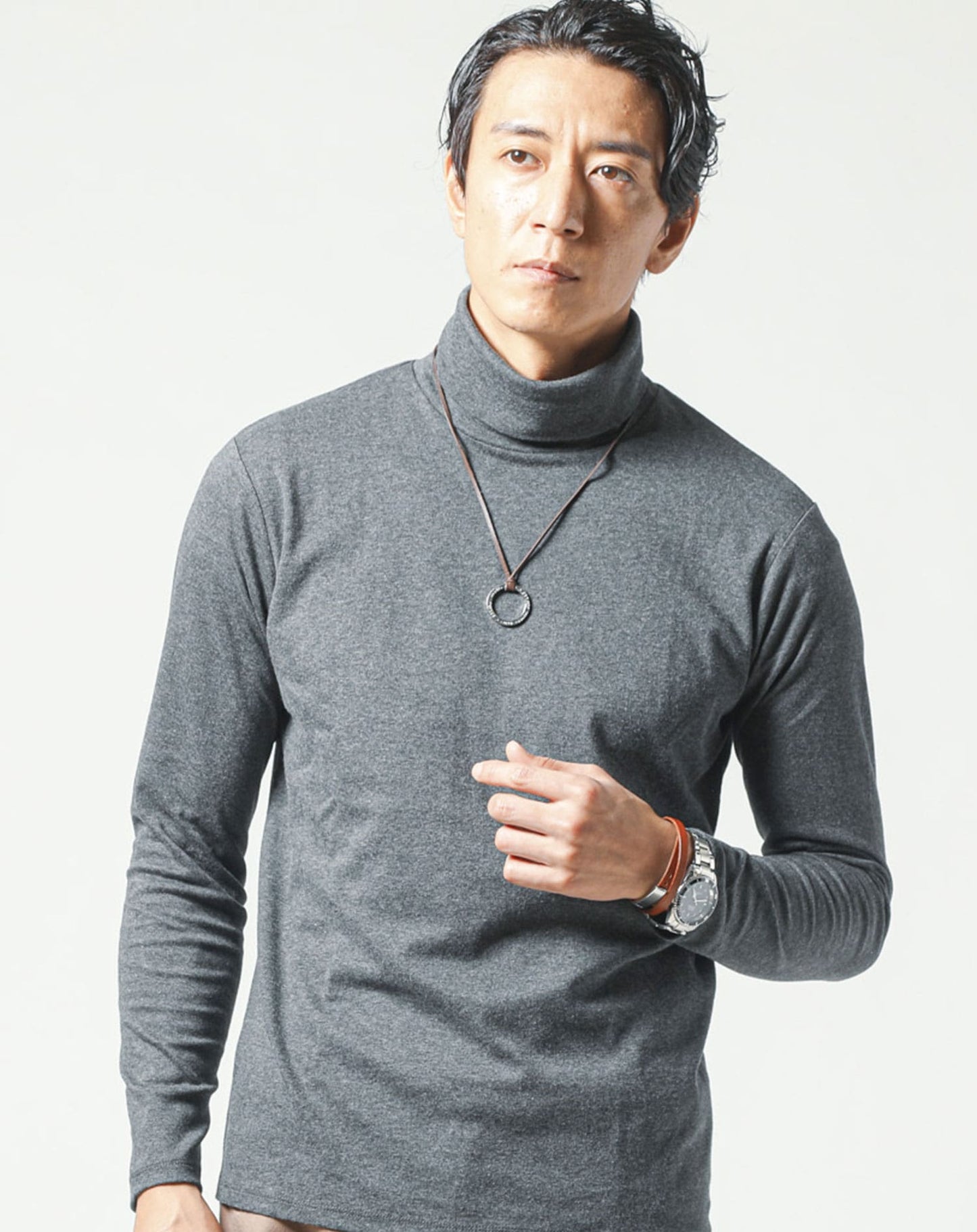 裏起毛素材無地・ボーダー長袖タートルネックTシャツ Biz