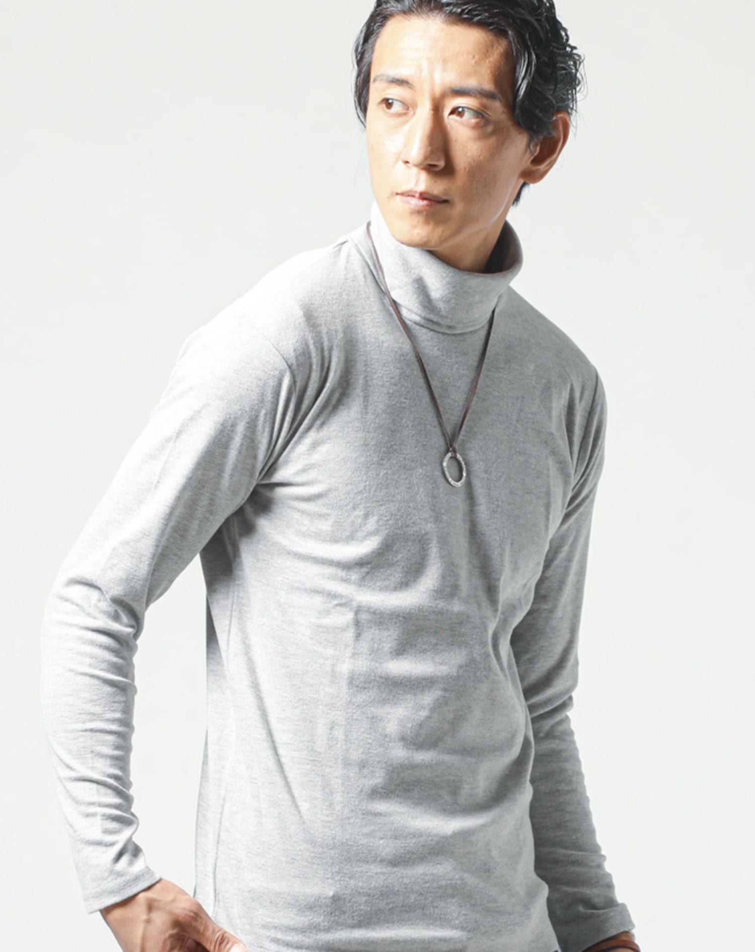 裏起毛素材無地・ボーダー長袖タートルネックTシャツ Biz