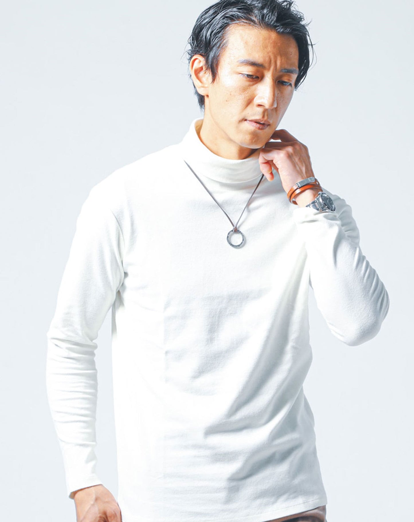 裏起毛素材無地・ボーダー長袖タートルネックTシャツ Biz