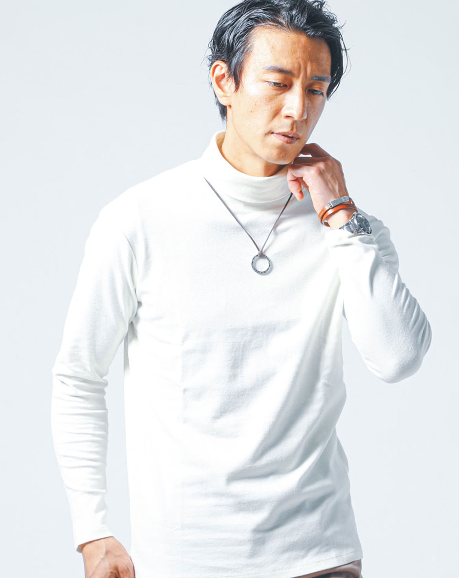 裏起毛素材無地・ボーダー長袖タートルネックTシャツ Biz