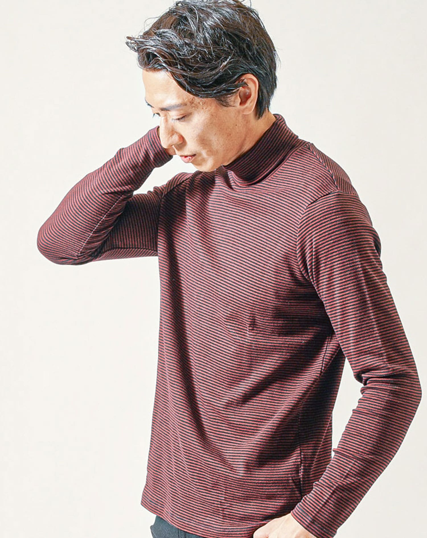 裏起毛素材無地・ボーダー長袖タートルネックTシャツ Biz