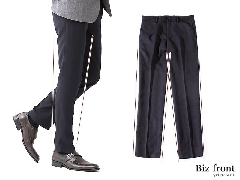 スリム・テーパードシルエット／ノータック／クッションなし丈のスラックス