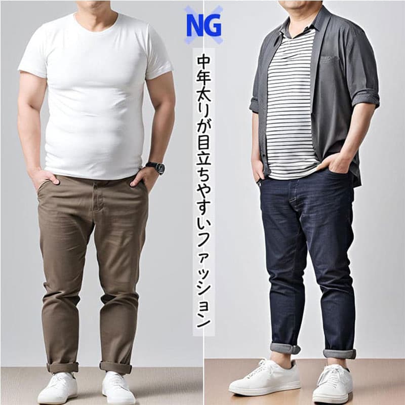 オフィスカジュアルで中年太りが目立ってしまう白Tシャツ例