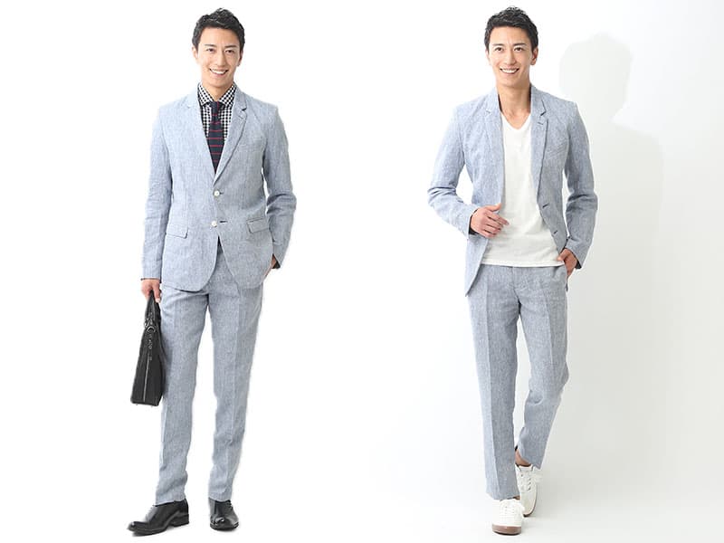 春夏におすすめの麻・シアサッカーネイビーセットアップ・スーツ例