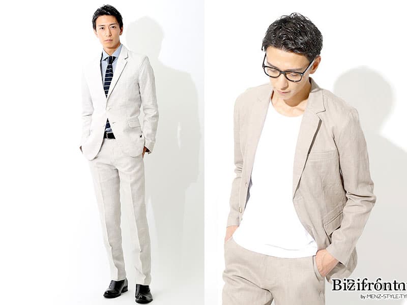 ビジネスカジュアルで着るベージュのメンズセットアップの着こなしの