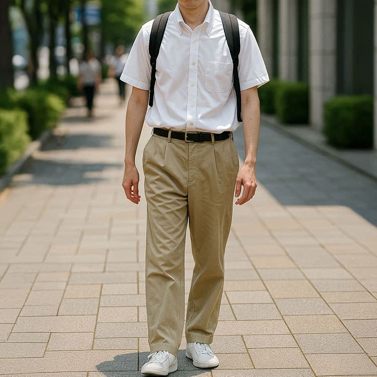 白い半袖シャツをパンツインし、ベージュのセンタープレス入りチノパンと白スニーカーを合わせている。服が体に合っておらずややブカブカで、頼りなく見える夏のビジネスカジュアルノージャケットスタイル。