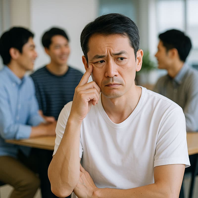 夏のオフィスカジュアルに悩む50代男性。白Tシャツ姿で体型の崩れを気にし、若手社員たちの中で浮いているように感じている。