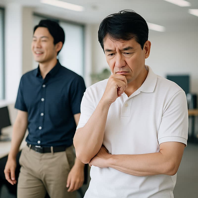 夏のオフィスカジュアルで白ポロシャツ姿に悩む50代男性。背景にはネイビーポロシャツをスマートに着こなす若手社員の姿。