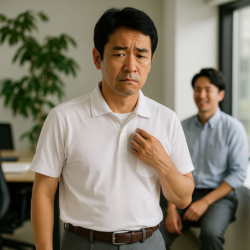 白ポロシャツの下にインナーが透けて見え、夏のオフィスカジュアルに悩む50代男性。背景には涼しげな印象の若手社員。
