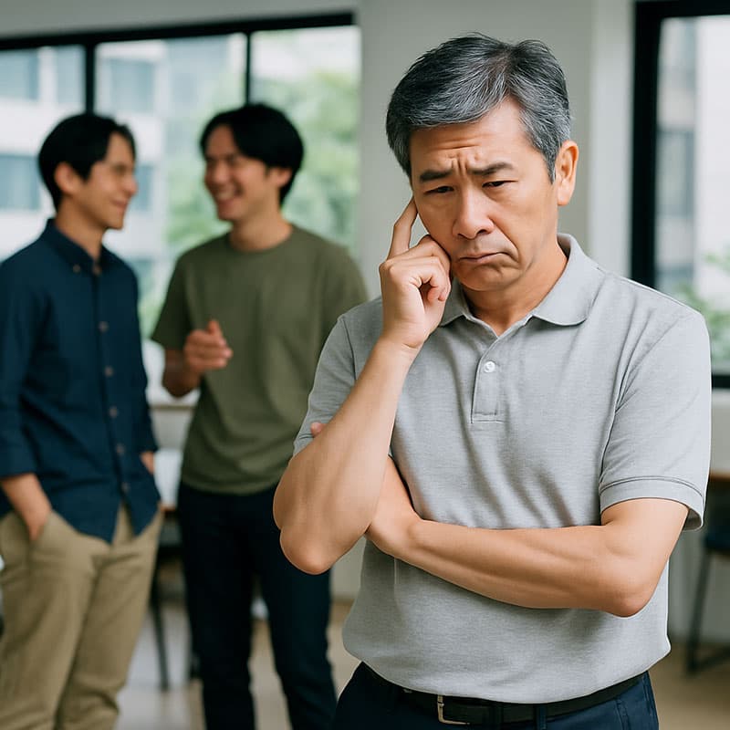 夏のオフィスカジュアルに悩む50代男性。カジュアルな若手社員と対照的なグレーポロ姿。