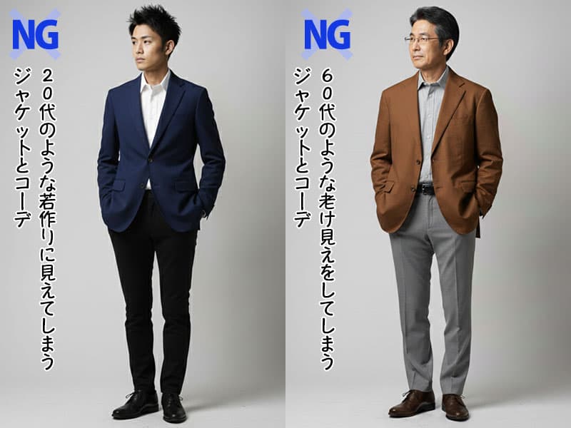 50代男性にとって、20代30代の軽いジャケットでは若作りに見え、かといって60代シニア向けの重厚なものでは老けて見えてしまう比較写真