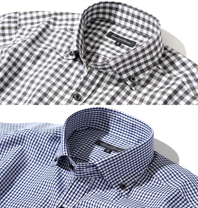 ②ギンガムチェックシャツは線が細いほど大人っぽく、太いほどカジュアルに