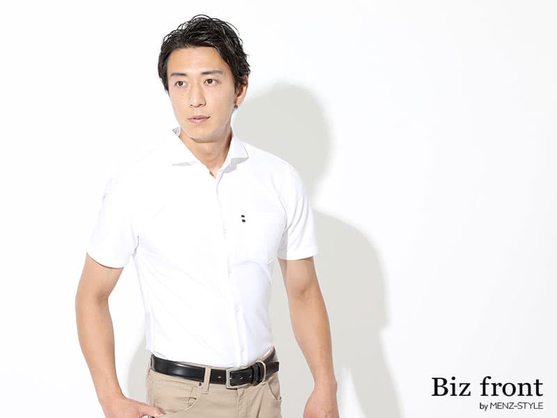 前開きで着てスリムに着られるワイシャツ型ポロシャツ例