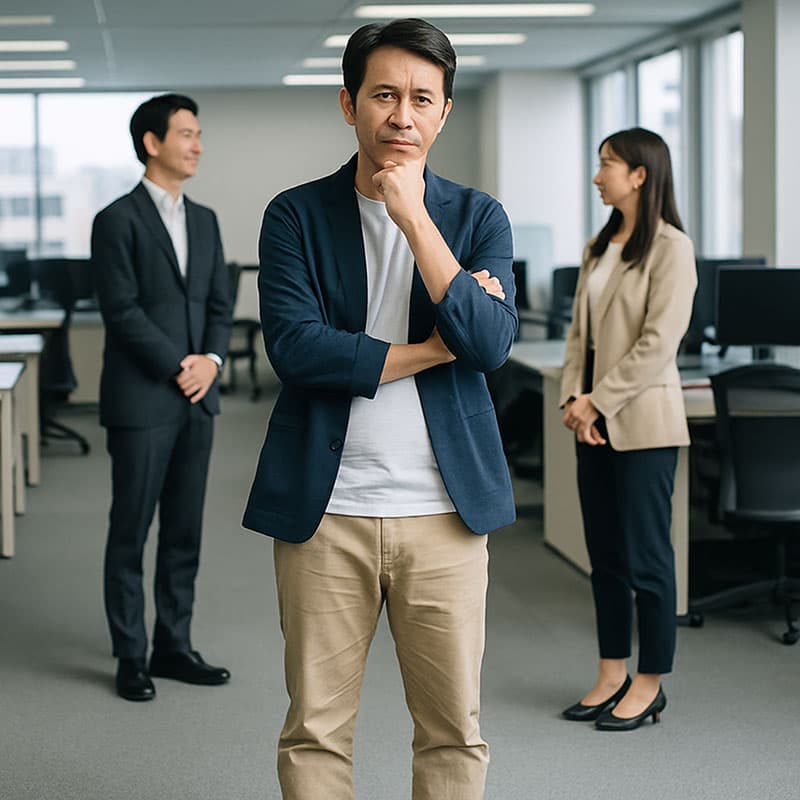 ジャケットとTシャツとズボンの色の組み合わせに悩む男性