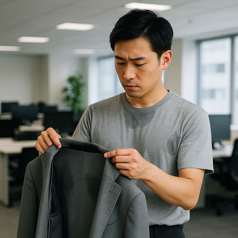 ジャケットの襟に汗染みがついてしまって悩む男性