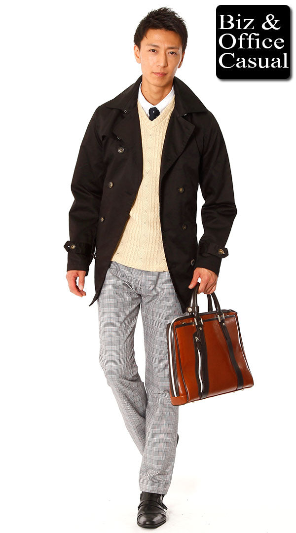 ブラックトレンチコート×ベージュベスト×グレンチェックパンツ　biz14-15aw_0376