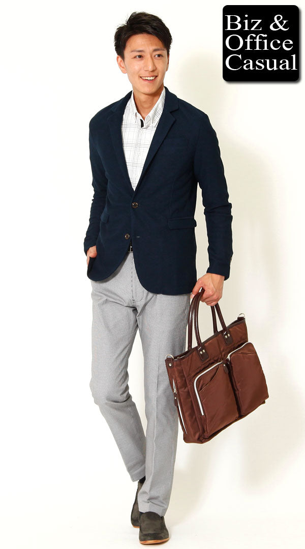 ネイビーカットジャケット×千鳥格子パンツ×スリッポンシューズ　biz15ss_2850