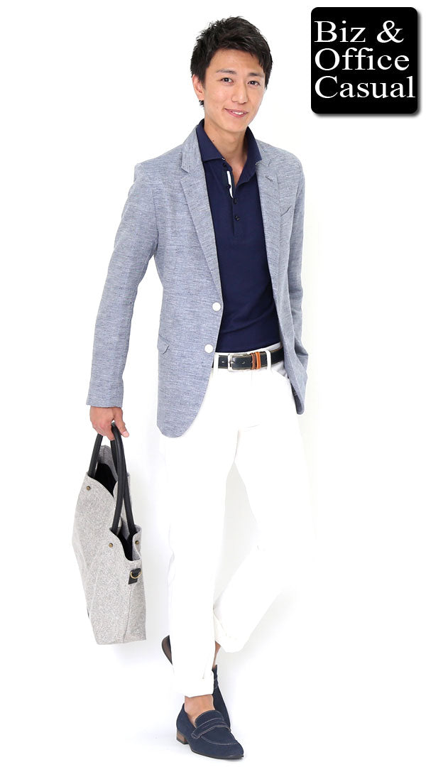 麻ジャケット×ネイビーポロシャツ×ホワイトパンツ　くるぶし魅せスタイル　biz15ss4531