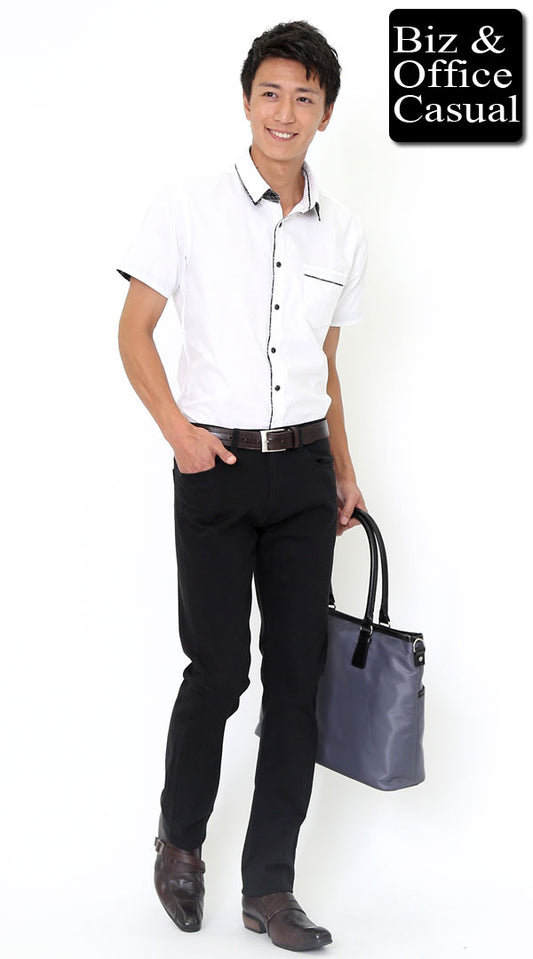半袖ホワイトデザインシャツ×ブラックチノパン　biz15ss4654
